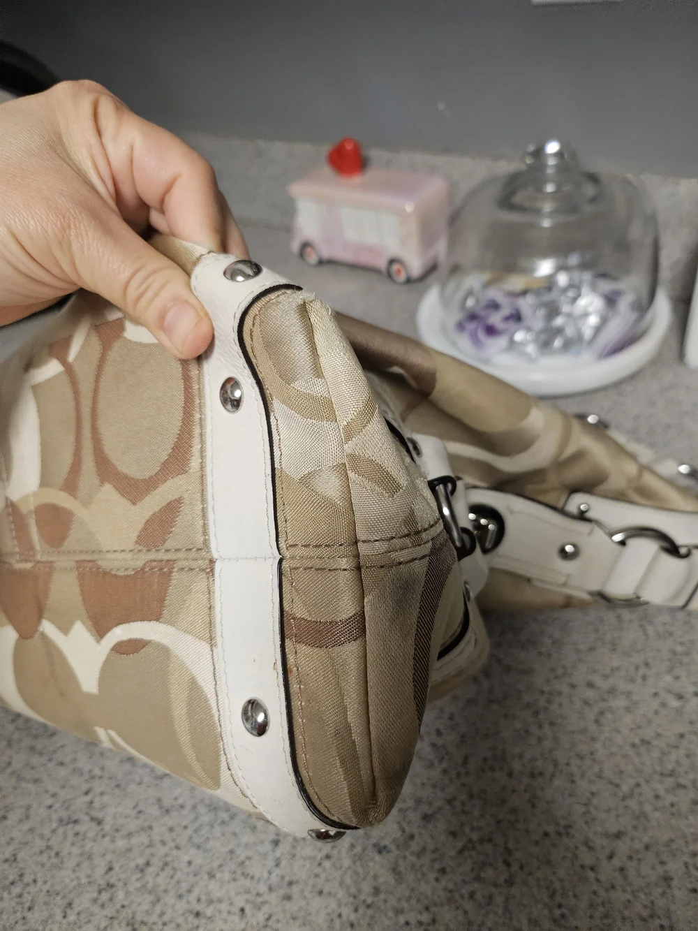Coach Vintage LARGE F11961 Carly Beige Signature C & Leather Shoulder Bag